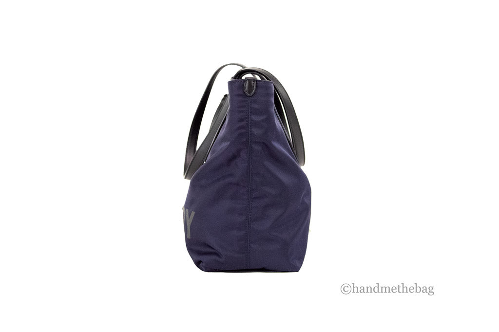 burberry navy blue nylon tote side on white background