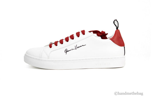 gianni versace deep red sneakers side on white background