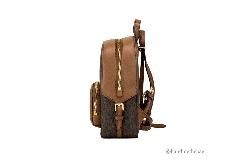 michael kors xs jaycee brown backpack side on white background