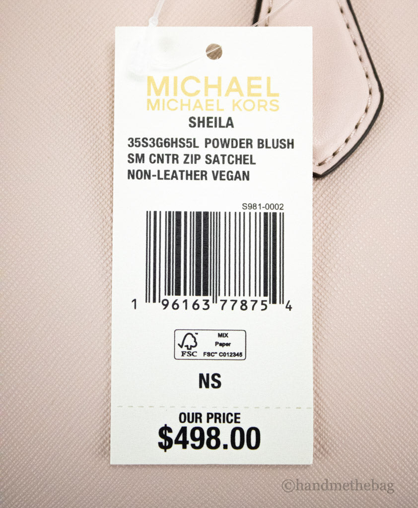 michael kors sheila powder blush satchel tag on white background