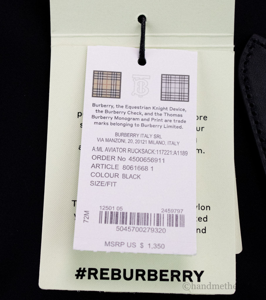 burberry aviator nylon backpack tag on white background