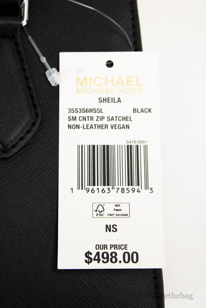 michael kors sheila black satchel tag on white background