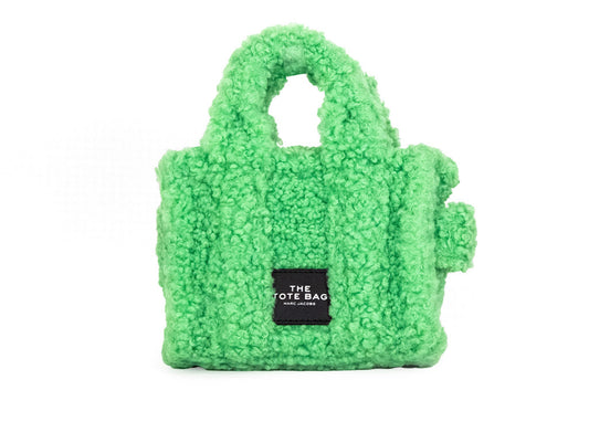 marc jacobs the teddy micro fluffy green tote bag on white background
