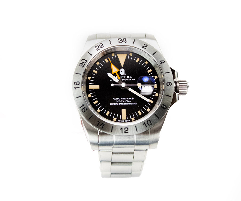 bapex type 6 silver tone black dial watch on white background