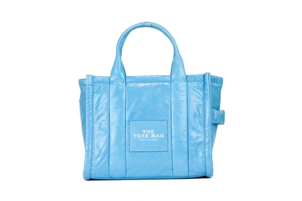 marc jacobs the shiny crinkle mini tote air blue on white background
