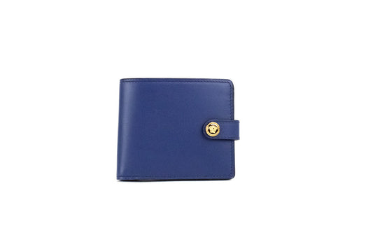 versace navy blue compact bifold wallet on white background