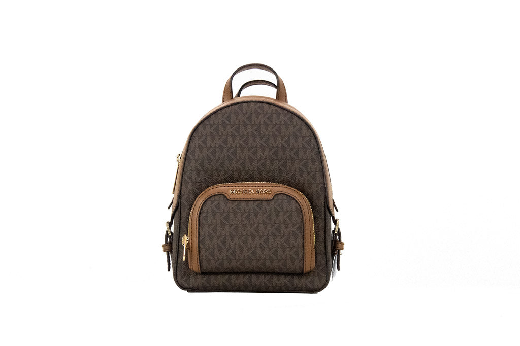 michael kors xs jaycee brown backpack on white background